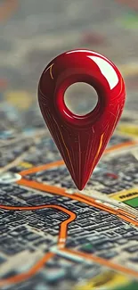 Red map pin hovering over a detailed city map.