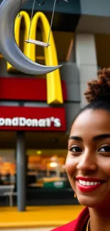 Modern wallpaper with McDonald's logo, crescent moon swing, and a smiling person.