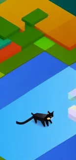 Vibrant geometric wallpaper with cat and colorful design.