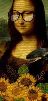 Mona Lisa with glasses, shark, and flowers in modern art style.