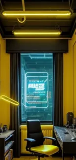 Cyberpunk style workspace with neon lighting and modern decor.