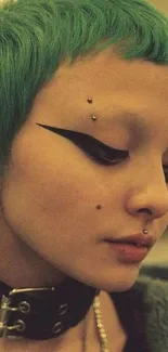 Person with green hair and piercings, punk style.