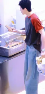 Young individual shopping in a modern convenience store setting.