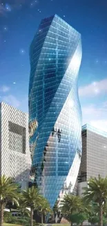 Futuristic skyscraper with blue glass facade and palm trees.