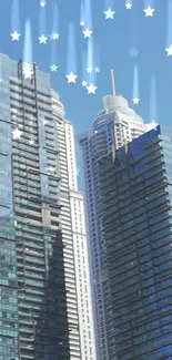 Skyscrapers with glass facades against a vibrant blue sky.