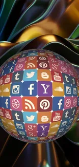 Colorful sphere with social media icons on abstract design.