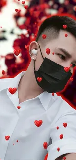 Stylish person with black mask and red hearts background.