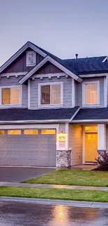 Modern suburban home under evening sky with wet pavement.