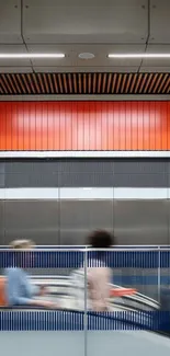 Vibrant urban subway scene with orange panels.