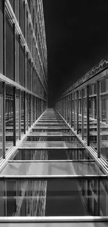 Black and white symmetrical building perspective with glass reflections.