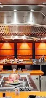 Modern teppanyaki restaurant with orange decor and sleek design.