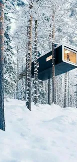 Modern treehouse in a snowy forest setting with serene winter vibes.