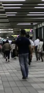 Urban subway station with commuters in a tiled corridor.