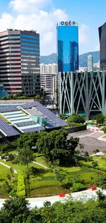 A vibrant urban landscape with skyscrapers surrounded by greenery and a sunny sky.