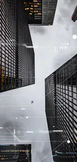 Skyscrapers stretching into cloudy sky with a plane overhead, urban cityscape.