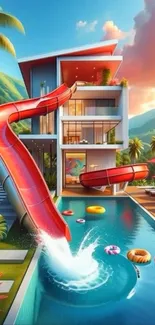 Luxury villa with a pool slide in tropical setting.