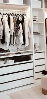 A modern, organized wardrobe with clothes neatly hanging and shelves.