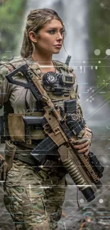 Warrior in tactical gear by waterfall in nature.