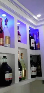 Modern wine shelf with blue lighting and assorted bottles.