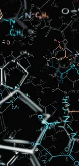 Molecular structure design on black wallpaper with chemical formulas.