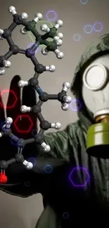 Hooded figure with gas mask and molecular artwork in neon.