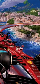 Red racing car in Monaco cityscape wallpaper.