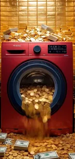 Washing machine surrounded by gold coins and cash.