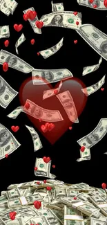 Heart surrounded by floating dollar bills on a black background wallpaper.