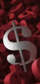 3D silver dollar sign on red background.