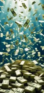 Cascade of falling cash with stacks of money underwater.