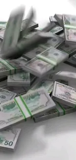 Stacks of US dollar bills in motion creating a dynamic wallpaper.