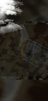 Artistic mobile wallpaper with clouds and dollar bills.