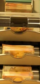 Close-up of money counting machine with euro bills