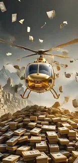 Helicopter hovering over pile of cash with mountain backdrop.