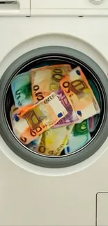 Euro bills inside a washing machine representing money laundering.
