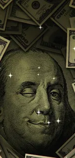 Mobile wallpaper with dollar bills and Ben Franklin face.