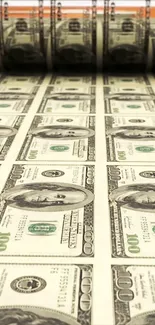 Realistic money printing wallpaper with dollar bills.