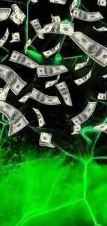 Dollar bills floating on a vibrant green background with dynamic energy.