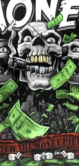 Skull design with floating money and dice on a dark background.