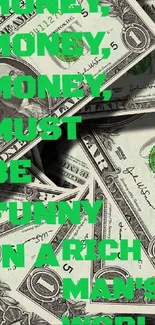 Bright green text on dollar bill background with money theme.