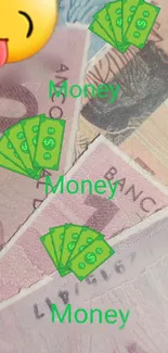 Vibrant phone wallpaper with money and emoji graphics.