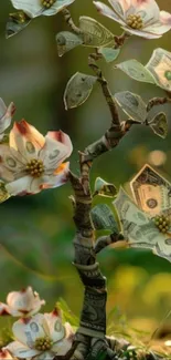 Money tree with dollar flowers and green leaves.
