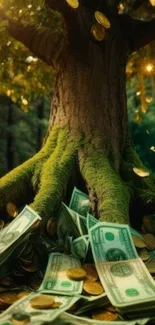 Fantasy money tree with roots spreading coins and bills in a forest.