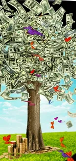 Mobile wallpaper of a money tree with dollar bills and butterflies.