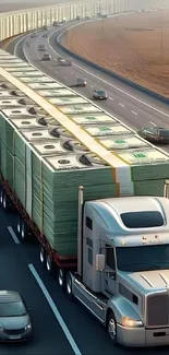 Truck carrying stacks of money on a highway, symbolizing wealth and luxury.