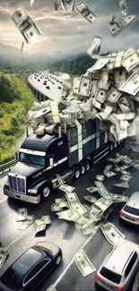 Truck driving with money flying in the air on a busy highway.