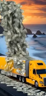 Truck with money falling by ocean road at sunset.