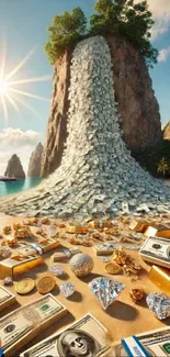 Money waterfall on tropical beach with cash and jewels.