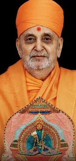 Portrait of a monk in an orange robe holding an intricate artifact on a black background.