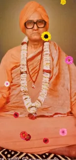 Saffron robed monk in meditation with floral garland.